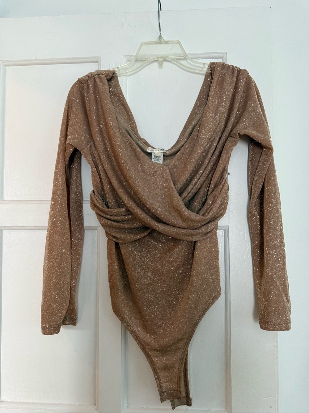 Draped Long-Sleeve Sparkle Bodysuit in Taupe
